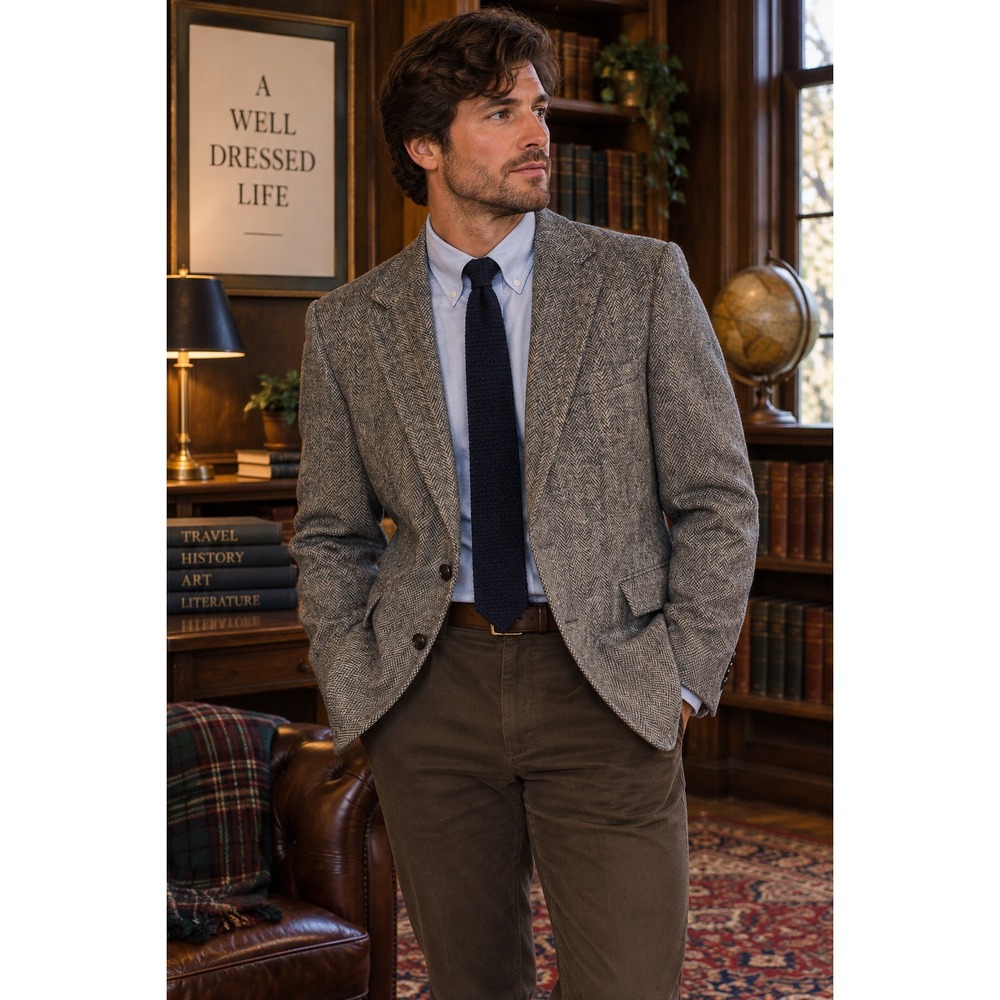 Vintage Harris Tweed Stafford Mens Herringbone Wool Blazer Handwoven Scotland US